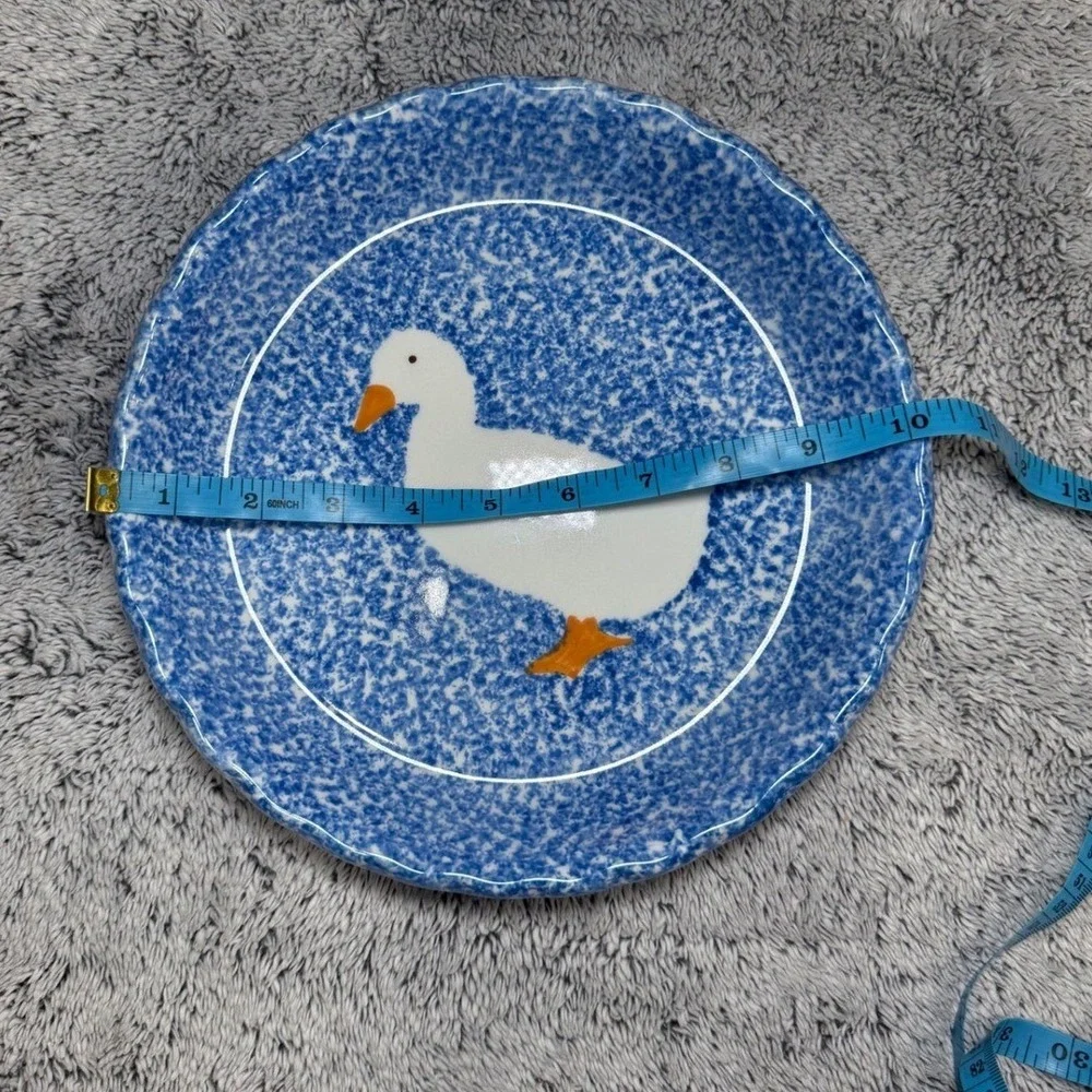 NS Gustin Co Vintage Blue Spongeware Goose Pie Dish Hand Decorated USA 10